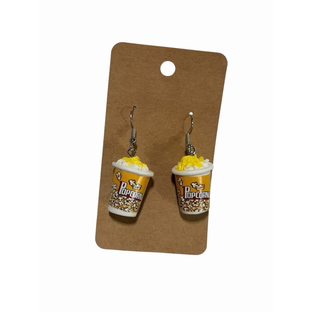 Novelty Movie Theater‎ Popcorn Bucket Drop Earrings Yellow White Food Jewelry